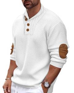 lot 18253 image: Beotyshow Mens Shawl Collar Pullover Sweaters Textured Cable Knit Lightweight Sweater with Elbow Patches White
