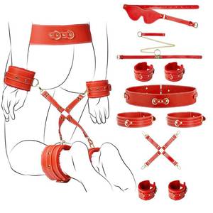 lot 18261 image: Sex Bondage BDSM Kit Restraints,Sex Toys,7PCS Sets with Adjustable Handcuffs Collar Ankle Shackles Thigh Cuffs Blindfold Cross Buckle Waist Strap Adult Games for Women and Couples