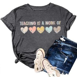 lot 18262 image: Teacher Shirt Women Teach Letter Graphic Print T-Shirt Tee Top Inspirational Kindergarten Teacher Appreciation Gift-h2 L