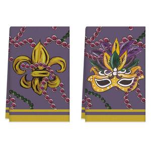 lot 18276 image: BOTB LIHM Mardi Gras Purple Fleur De Lis Iris Beads Masquerade Mask Celebration Carnival Kitchen Towels Dish Towels 18x26 Inch Home Decorations Hand Towels Set of 2 Drying Dishcloth