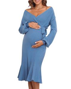 lot 18280 image: V FOR CITY Maternity Sweater Dress Women Spring Dresses Wrap Knit Pleated Midi Puff Sleeve Nursing Photoshoot Blue X-Large