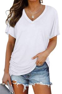 lot 18283 image: MYCOLORBLUE Womens V Neck T Shirts Short Sleeve Summer Casual Loose Dolman Tops with Side Shirring White XXL