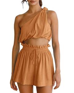 lot 18356 image: Imily Bela Womens 2 Piece Outfits Linen Matching Sets Two Piece Crop Tops and Paper Bag Waist Shorts Sets 2025 Summer Outfits