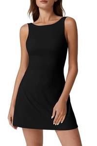 lot 18361 image: QINSEN Womens Open Back Tennis Dress Sleeveless Built in Shorts Golf Athletic Dress with Pockets Black S