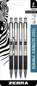lot 18376 image: Zebra Pen F-301 Retractable Ballpoint Pen, Stainless Steel Barrel, Fine Point, Black Ink, 4-Pack (27114)