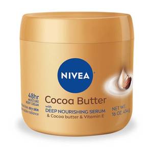 lot 18379 image: NIVEA Cocoa Butter Body Cream for Dry Skin with Hyaluronic Acid, Cocoa Butter and Deep Nourishing Serum, 72-Hour Body Moisturizer, 16 Oz Jar