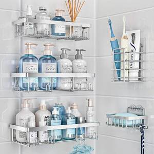 lot 18385 image: Liuoud 5 Pack Shower Caddy Organizer Rack Shelf for Inside Shower, Self Adhesive Bathroom Wall Storage Basket Rustproof Stainless Steel Large Capacity Shampoo Holder, Silver