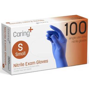 lot 18388 image: Caring Nitrile Exam Gloves (100ct), Powder Free and Not Made with Natural Rubber Latex, Gloves for Medical Use, Cleaning, Food Prep and More, Small
