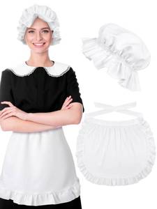 lot 18389 image: Newcotte 2 Pieces Women Colonial Costume Accessory Set Include White Mob Cap Bonnet Cotton Half Apron for Maid Girl Cosplay(Vintage)