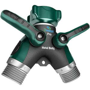 lot 18396 image: All Metal Garden Hose Splitter - 2 Way Heavy Duty Double Hose Connector with Shut Off Valve - Water Hose Splitter