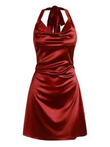 lot 18397 image: ZAFUL Women Halterneck Satin Mini Dress Sexy Cowl Neck Silky Party Cocktail Club Dress (Red-Halter-A, L)