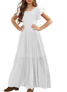 lot 18415 image: MITILLY Girls Lace Flower Ruffle Sleeve A-Line Swing Wedding Party Long Maxi Dress with Pockets 12 Years White