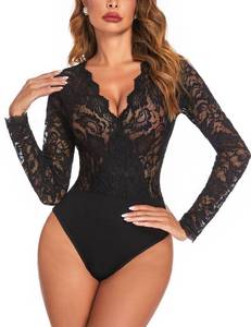 lot 18417 image: Avidlove Womens Long Sleeve Black Bodysuit V Neck Lace Body Suits Going Out Tops Snap Crotch One Piece Teddy Lingerie