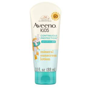 lot 18418 image: Aveeno Kids Continuous Protection Zinc Oxide Mineral Sunscreen Lotion for Childrens Sensitive Skin with Broad Spectrum SPF 50, Tear-Free, Sweat- & Water-Resistant, Non-Greasy, 3 fl. oz