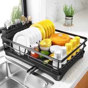 lot 19013 image: Dish Drying Rack for Kitchen Counter - Large Dish Rack with Drainboard, Rustproof Dish Drainer with Utensil Holder for Sink, Black