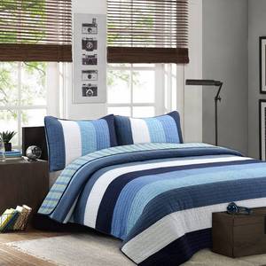 lot 19015 image: Cozy Line Home Fashions Navy Blue Striped Boy 100% Cotton Reversible Quilt Bedding Set, Coverlet, Bedspread (Preston, Queen - 3 Piece)
