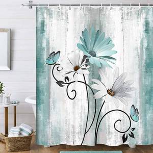 lot 20067 image: VeiVian Rustic Farmhouse Shower Curtain, Farm Teal Daisy Floral Flowers and Butterfly on Country Wooden Shower Curtain for Bathroom, Turquoise Blue with 12PCS Hooks, 70X70IN