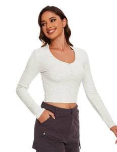 lot 20097 image: Womens Ribbed Shirts Henley Top Fitted Tops Casual Underscrubs Layer Slim Basic T-Shirts Grey White
