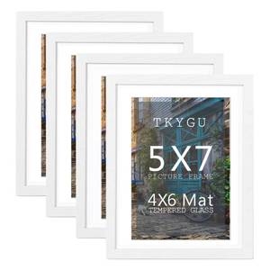 lot 20098 image: TKYGU 5x7 white Picture Frame with mat 4x6 Set of 4, Modern Style Wood Composite frames -Tempered Glass Table or wall-Horizontal or Vertical Display Photo Frame for Home Decor best gift