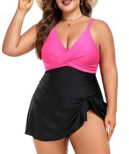 lot 20129 image: MFAVIP Women Plus Size Swim Dress Tummy Control One Piece Swimsuit V Neck Wrap Full Coverage Bathing Suit Cute Tie Knot