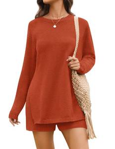 lot 20135 image: NENONA Womens Spring Summer 2 Piece Outfits Long Sleeve Tunic Sweater & Shorts Knit Lounge Sets Beach Vacation Casual Clothes,Orange,M