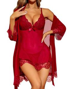 lot 2057 image: RSLOVE Women Sexy Lingerie Set 3 Piece Babydoll & Lace Kimono Robe Strap Chemise Mesh Sleepwear Wine Red L