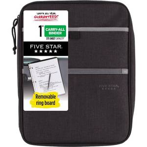 lot 2060 image: Five Star Zipper Binder, 1 Inch 3-Ring Binder with Round Rings, Carry-All with Pockets and 4-Tab Dividers, 375 Sheet Capacity, BlackGray (29092IT8)