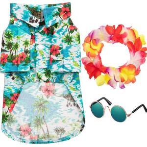 lot 2065 image: A 3 Pieces Pet Dog Hawaiian Costume, Includes Puppy Cool T-Shirts Summer Clothes, Funny Cute Dog Retro Fashion Sunglasses and a Colorful Wreath for Small to Medium pet(Green Series)