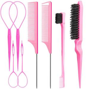 lot 2075 image: Aigee 8Pcs Hair Styling Combs Set Include 4Pcs Topsy Hair Tail Tools 2 Styles of Rat Tail Comb,1Pcs Bristle Teasing Slick Back hair Brush,1Pcs Edge Control Brush,Eyebrow Brush for Woman Girl Pink