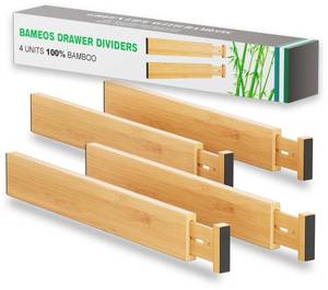 lot 2090 image: BAMEOS Drawer Dividers kitchen Organization Bamboo Utensil Organizers for Kitchen Bedroom Bathroom Dresser Office 4-pack