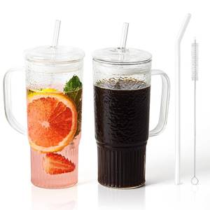 lot 7551 image: JunVpic Glass Cups with Lids and Straws,24oz Glass Tumbler with Handle Iced Coffee Cup for Coffee,Juice,Tea,Milk,Smoothie,Hot & Cold Drinks (Clear)