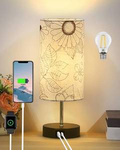 lot 7560 image: Lanmonlily Touch Bedside Table Lamp with Bedroom, 3 Way Dimmable Desk lamp USB C Charging Ports and AC Outlet, Nightstand Lamp with Round Flower Fabric Shade for Living Room, Home Office