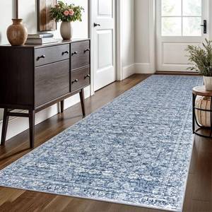 lot 11462 image: SIILOOM 3x10 Blue Washable Runner Rug for Kitchen, Soft Classic Runner with Non-Slip, Non-Shedding Distressed Floral Rug for Hallways Entryway Bedroom Bathroom Laundry Indoor