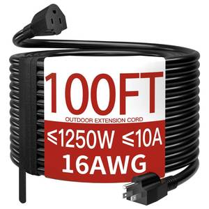 lot 11483 image: Skrizcable 163 100 Ft Outdoor Extension Cord Waterproof, Weatherproof & Flame Retardant Black 3 Prong Power Cord Outside for Lawn & Garden, 10 Amps 1250 Watts 125 VAC 16AWG SJTW, ETL Listed