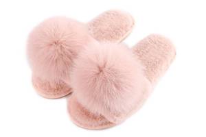 lot 12029 image: HIPRETTYUS Women Slippers with Real Fox Fur Ball, Girl Furry Cozy Warm House Slipper, Open Toe Soft Flat Slide Sandals for Women Indoor Outdoor