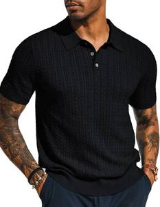 lot 12035 image: PJ PAUL JONES Mens Casual Knit Polo Short Sleeve Texture Polo Shirts Breathable Lightweight Knit Polo Shirt Black