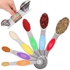 lot 12037 image: Magnetic Measuring Spoons Set - 7-Piece Stainless Steel Dual Sided Spoons with Leveler, Rustproof Nesting Design for Cooking, Baking & Medicine (USMetric Markings, Dishwasher Safe)