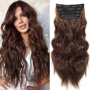 lot 12045 image: Brown Clip in Hair Extensions 4PCS Dark Brown to Chestnut Hair Extensions Clip ins for Women 20 Inch Long Wavy Highlight Syntheitc Hairpieces