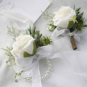 lot 12084 image: Floroom Ivory Rose Wrist Corsage Wristlet Band Bracelet and Men Boutonniere Set for White Wedding Flower Accessories Prom Suit Decorations
