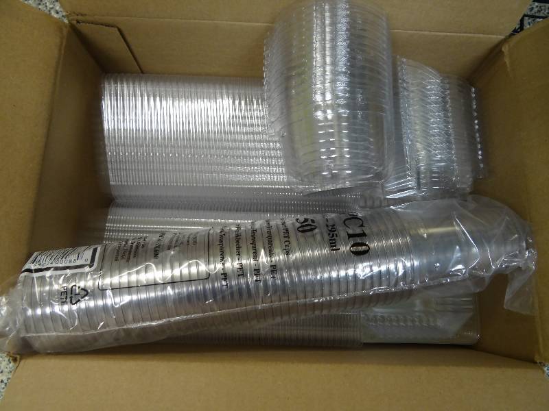 lot 6353 image: Box of Clear Plastic to go Containers, Forks and Baking Cups