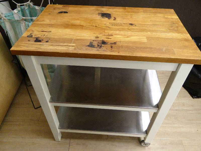 lot 6367 image: Kitchen Island with Butcher Block Top and 2 Stainless Shelves