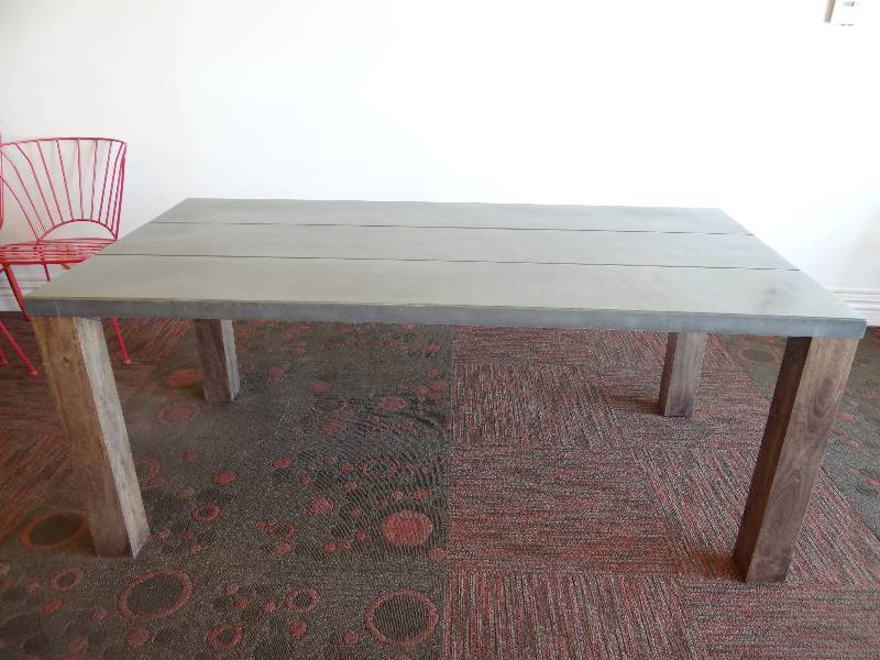 lot 6373 image: Large Table with Faux Wood Legs and Metal Top
