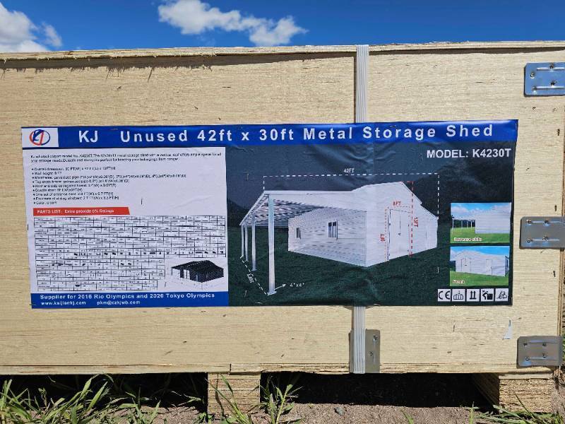 lot 7950 image: Unused&nbspKJ 42ft x 30ft Metal Storage Shed Model K4230T New in Box