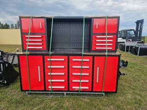 lot 7775 image: Unused Industrial 7Ft-18D Workbench Cabinet Combo with Pegboard, 18 Drawers &amp 4 Cabinets