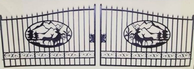 lot 1005E image: Unused 2024 Greatbear 20ft Bi-Parting Iron Gate. With artwork Deer in the Middle of Gate Frame.