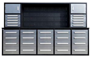 lot 4041 image: Chery Industrial 9.5ft Stainless Steel Workbench with 30 Drawers and 2 Cabinets