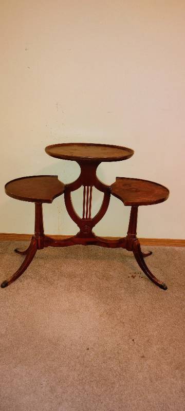 Vintage MERSMAN Duncan Phyle Lyre/Harp 3 Tier Wood Table, Has Some