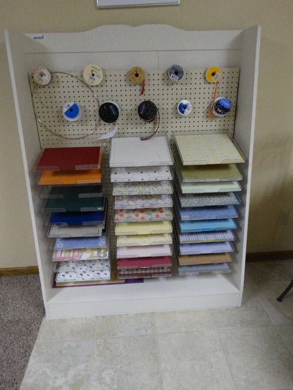 lot 356 image: Custom built wrappingcraft shelf w paper trays & ribbon holders- Contents INCLUDED
