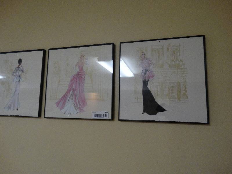lot 380 image: 3 framed prints of designer dresses