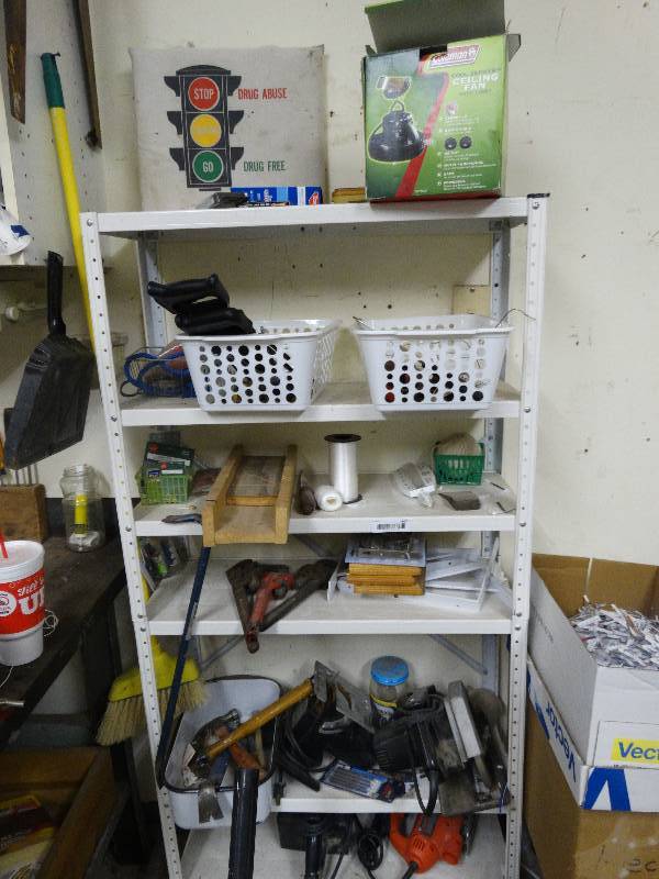 lot 447 image: Metal shelf w contents- Power tools saws pipe wrenches misc